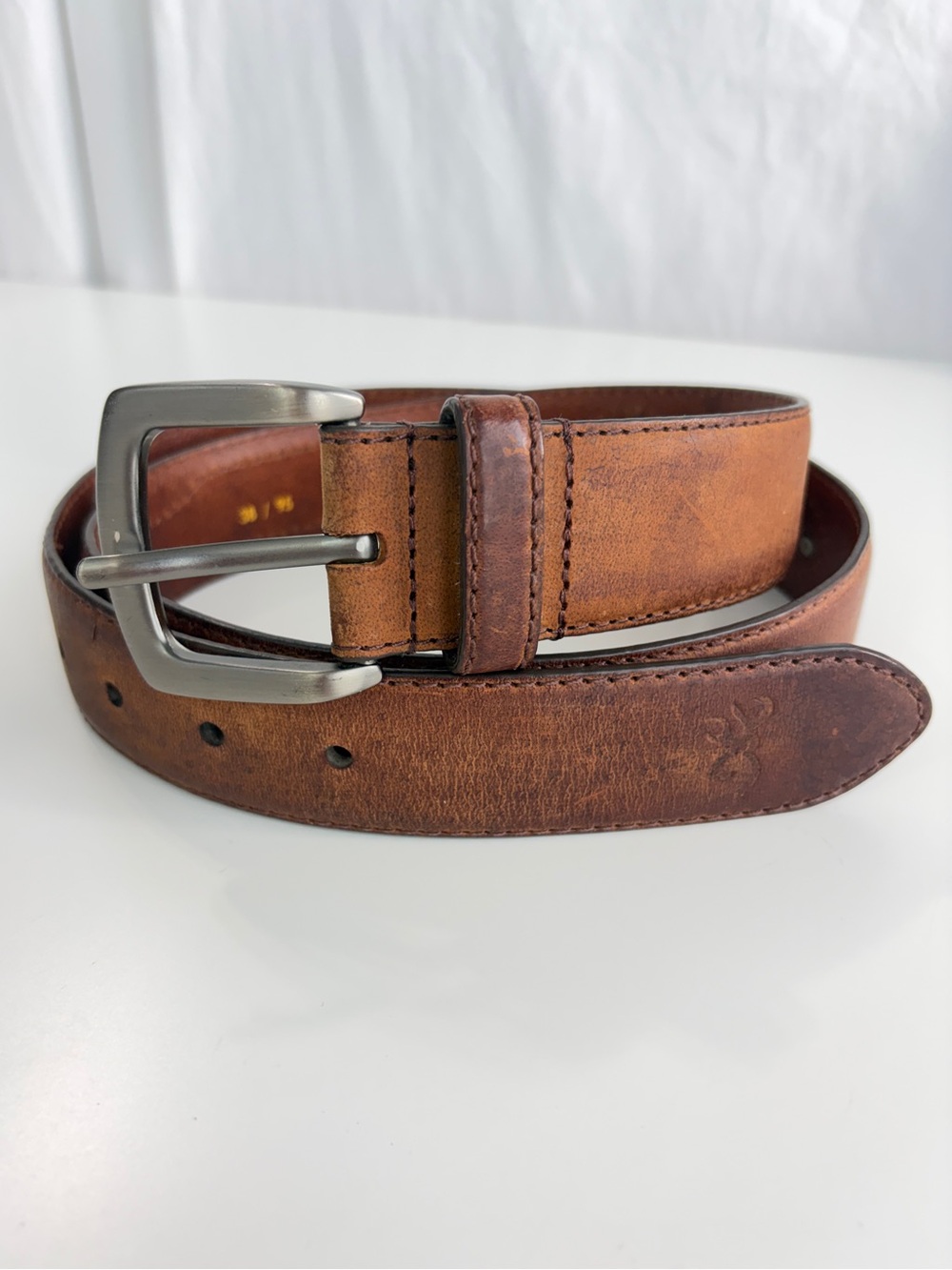 Vintage Browning brown leather belt textile green camo inlay silver logo sz 38